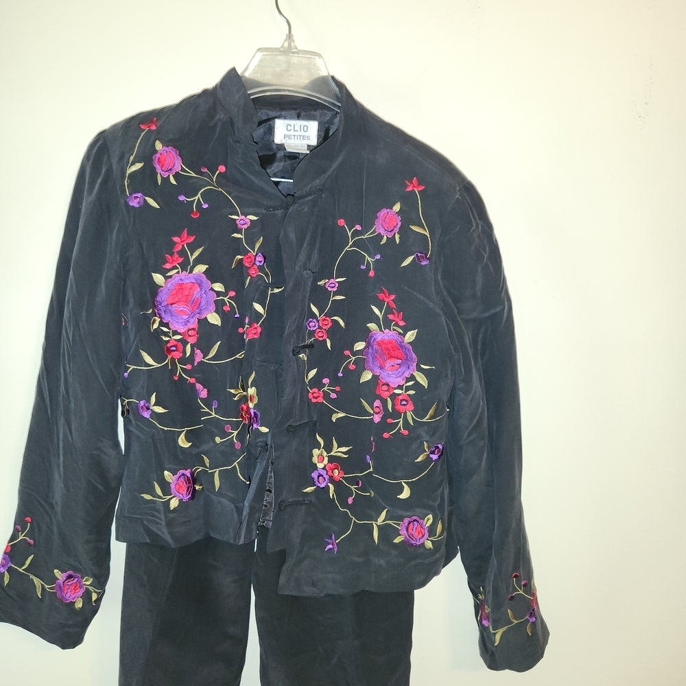 2 Pc Clio Dark Gray Floral Embroidered Jacket With Pants. Both Made Of Silk.